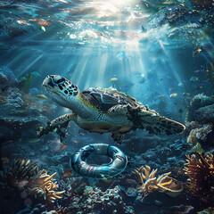 Obraz premium A distressed sea turtle entangled in a plastic six-pack ring near a coral reef,struggling to free itself in a vibrant yet polluted underwater world