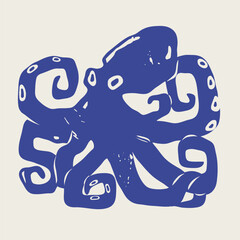 Blue octopus with tentacles. Sea and ocean animal. Cartoon character. Cute monster, underwater cuttlefish. Hand drawn modern Vector illustration. Isolated design element. Logo, sticker, print template © Dariia