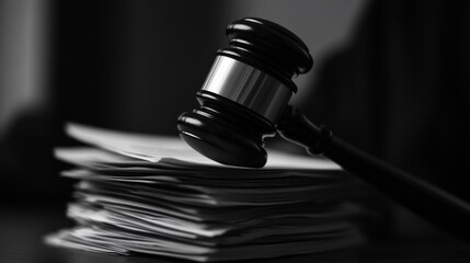 Monochrome Judicial Gavel Resting Atop Paper Stack Representing Court System