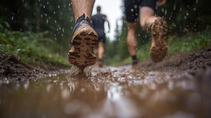 During a rainy day, runners navigate a muddy trail, splashing through puddles while droplets fall around them, showcasing their determination and athleticism