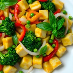 Colorful Salad with Fresh Vegetables and Cheese Cubes