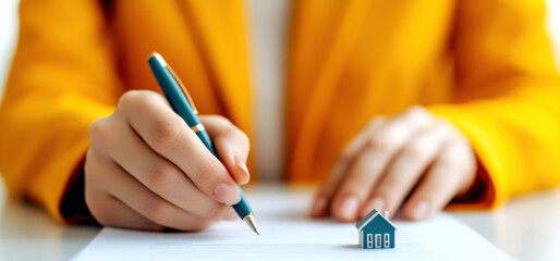 The essence of the hand-signing documents alongside a model house step in property transactions
