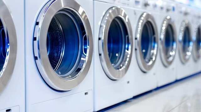 Showcasing a modern laundromat with high-efficiency washers in a clean environment