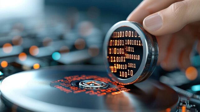 Closeup of binary code data stream on old fashioned technology digital information and computer systems
