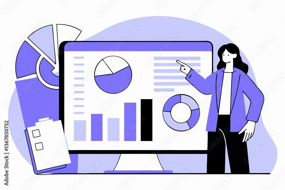 Poster a woman points to a computer screen displaying various charts and graphs, representing data analysis