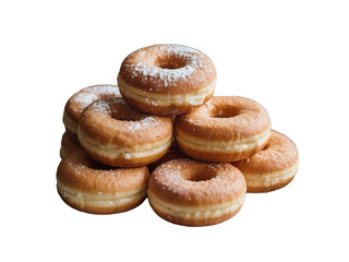 Freshly baked donuts stacked high on a white background inviting a sweet treat