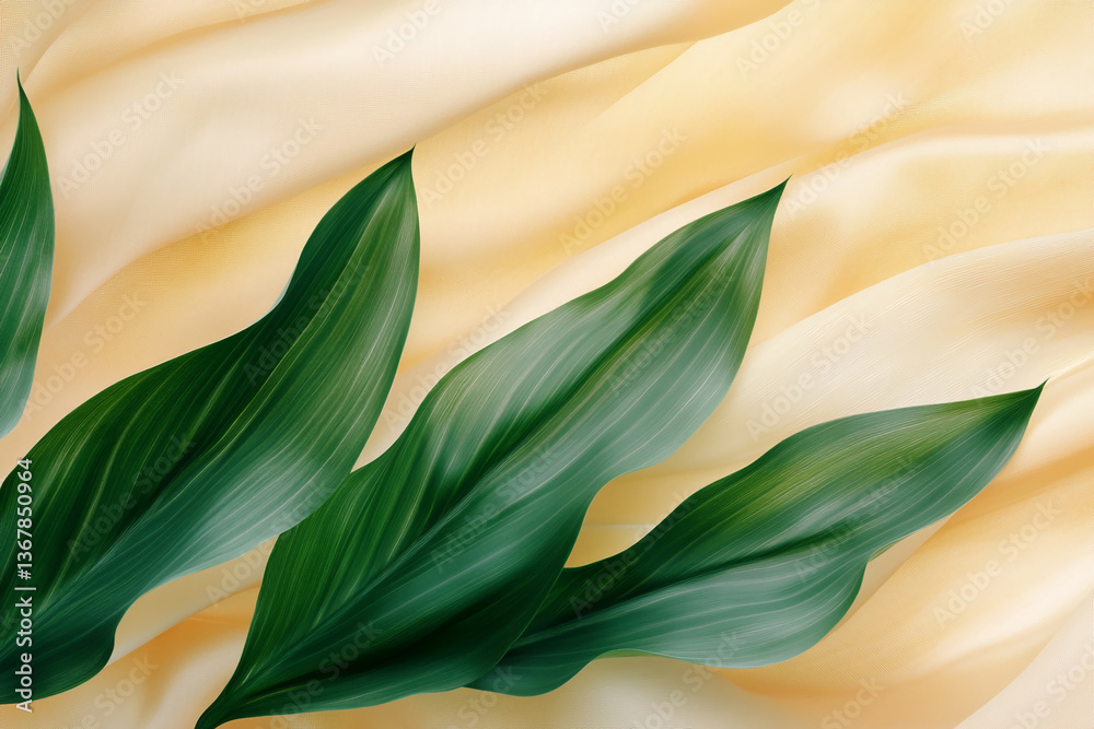 Poster cream-colored fabric backdrop with three dark-green leaves, creating a natural, elegant design, show