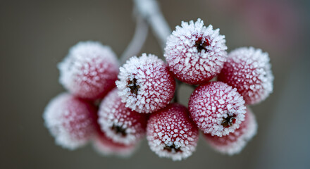Crimson winter berries adorned with glistening frost crystals close up