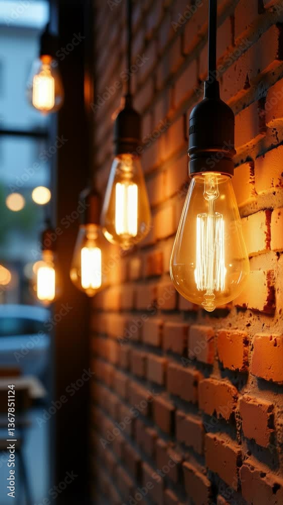 Poster vintage style light bulbs illuminating wall in warm glow, creating a nostalgic atmosphere with retro