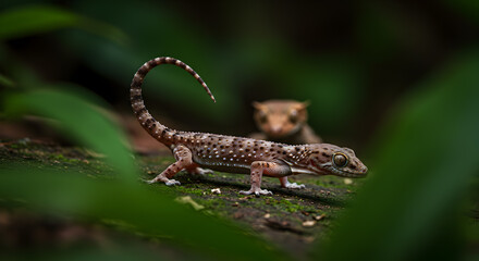 Naklejka premium Speckled gecko waving its tail to potentially distract a predator in a lush setting