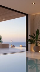 Fototapeta premium Luxurious modern villa with infinity pool overlooking the serene ocean at sunset, showcasing elegant interior and tranquil atmosphere