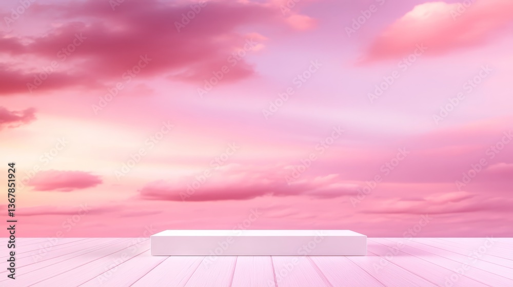 Aufkleber low-angle view showcases a sleek white podium set against a serene pastel pink sky filled with wispy