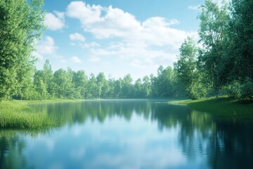 Tranquil lake surrounded by lush greenery on a bright sunny day