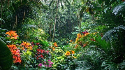 Lush tropical jungle filled with diverse colorful flowers and foliage