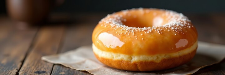 Soft and fluffy texture of a sugar donut topped with a glossy glaze, ready to be enjoyed with a cup of coffee, breakfast, treat, sugary