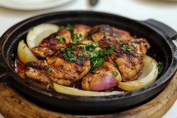 Fototapeta premium A sizzling plate of musakhan with sumac chicken and onions