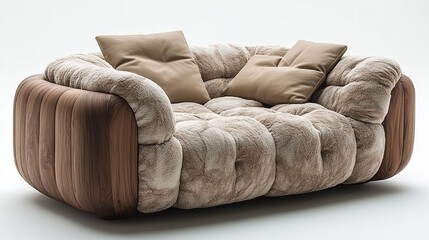 The puffy furniture features two pillows and vertical wood paneling.