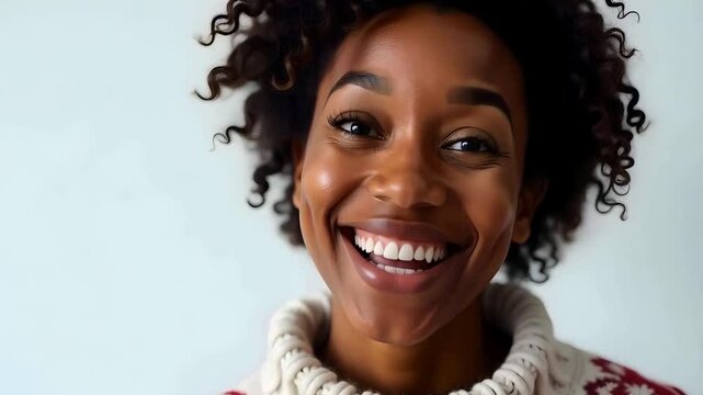 Delighted and surprized happy African American black woman with copy space