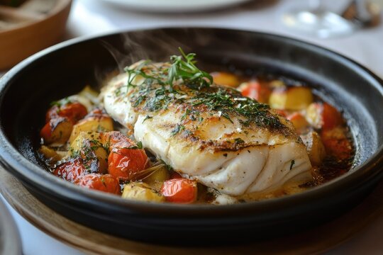 A sizzling plate of rodaballo al horno with baked turbot