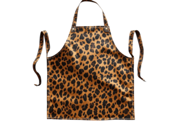 A stylish leopard print apron, perfect for adding a touch of wild flair to any kitchen, showcasing a bold and playful design with comfortable fabric and long ties.