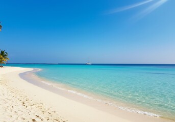 輝く白砂ビーチ 透き通るターコイズブルーの海 穏やかな日差し