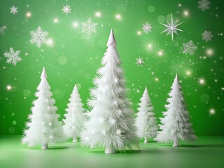 Obraz premium Minimalist White Christmas Trees with Snowflakes on Green Background - Festive Holiday Stock Photo