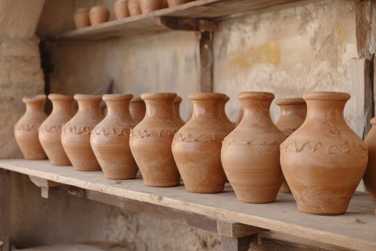 Freshly made clay pots drying on wooden shelves in artisan workshop Generative AI