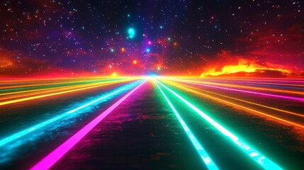 Obraz premium Vibrant neon lines converge on a fiery horizon under a starry sky.