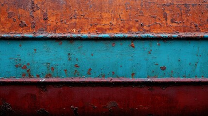 Fototapeta premium Close-up view of an aged fishing vessel's hull showcasing chipped paint in blues and reds, with rust and barnacles illustrating years of marine exposure