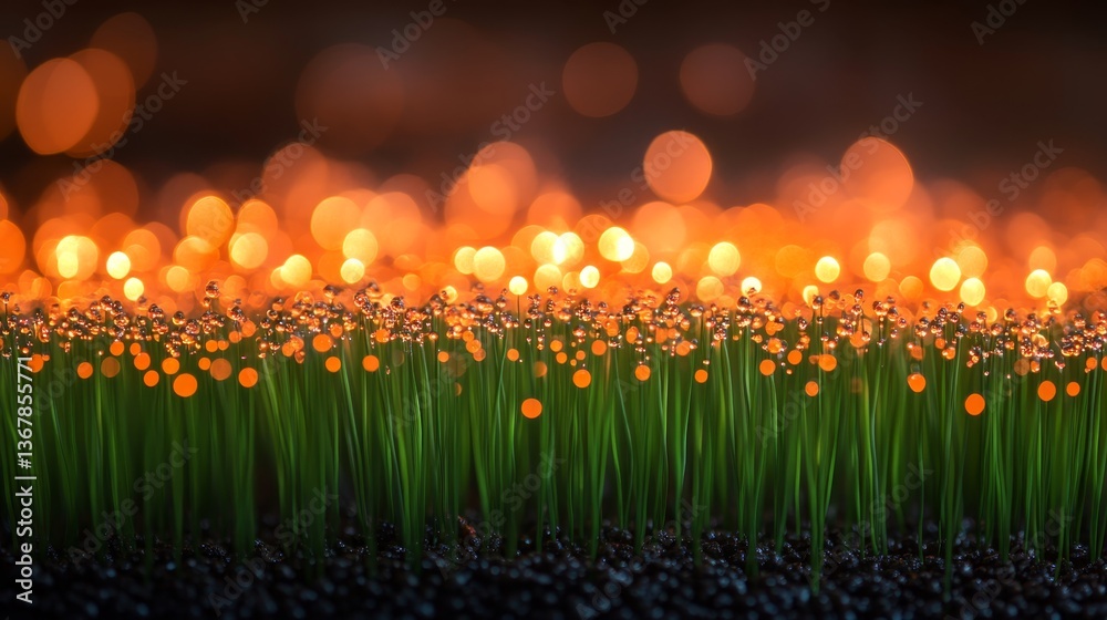Poster deep green christmas tree needles adorned with shimmering dew and tiny golden lights evoke a magical