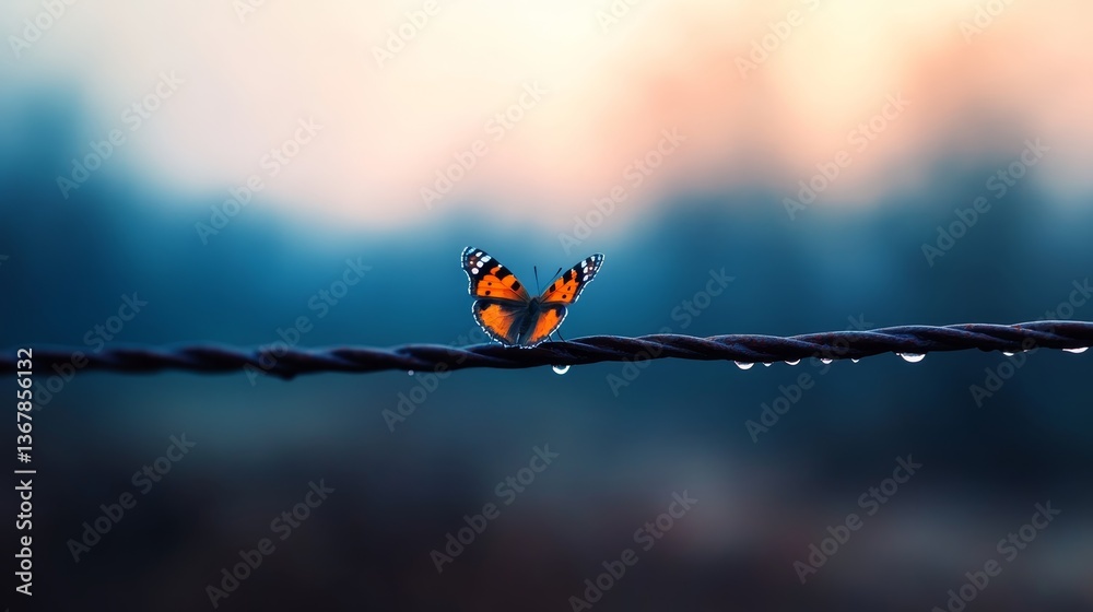 Aufkleber A butterfly with shimmering wings clings to a rusted wire, dewdrops accentuating the contrast of fragility and strength during the serene morning hours