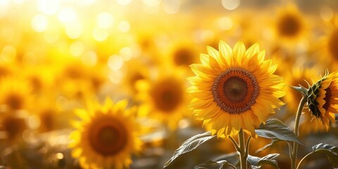 Fototapeta premium Sunflower Field: A radiant field of sunflowers basks in the golden light, a symbol of joy, warmth, and the vibrant beauty of nature. Capturing the essence of summer.