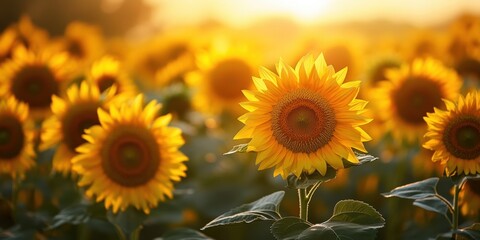 Obraz premium Golden Embrace: A sunlit field of sunflowers basks in the warm glow of dawn, offering a vibrant display of nature's beauty. Witness the elegance of sunflowers as they greet the sun.