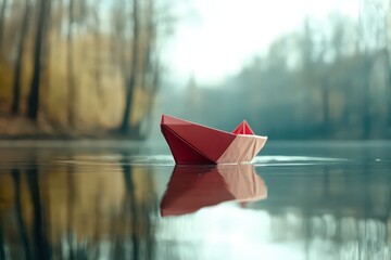 Red paper boat floating on still lake with forest reflection
