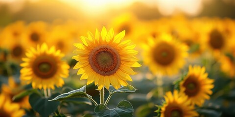 Obraz premium Golden Sunflower Field: A breathtaking view of a field of sunflowers bathed in warm sunlight, their faces turned towards the sky. A natural scene conveying vitality and hope.
