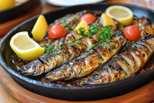 A sizzling platter of caballa al horno with baked mackerel