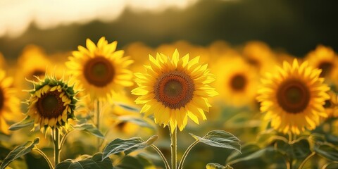 Fototapeta premium Sunflower Serenade: A close-up shot of a sunflower field bathed in golden sunlight, evoking feelings of warmth, joy, and the beauty of nature's simple elegance.