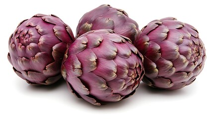 Four purple artichokes are grouped together on a white background