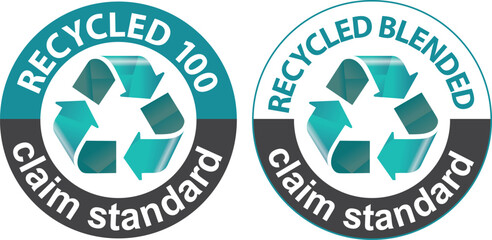 100 percent recycled product materials sign stamp. Recycled 100 and recycled blended. Claim standard.