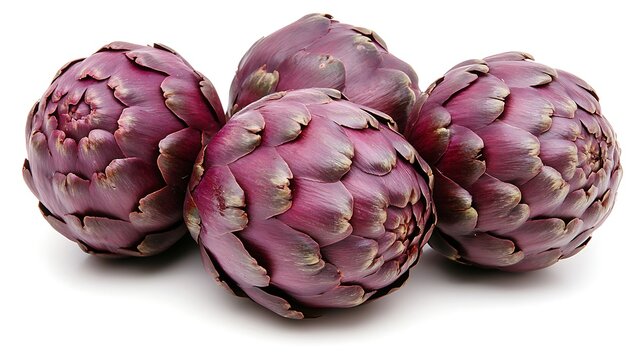 Four purple artichokes are grouped together on a white background