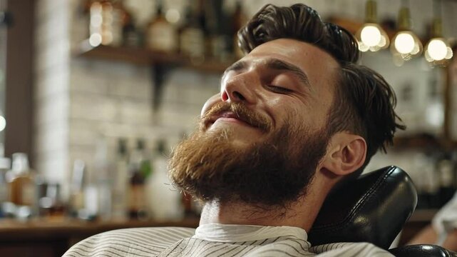 Client enjoying grooming session at a barbershop while receiving haircut and beard trim in vibrant atmosphere
