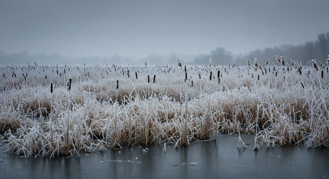 Mystical winter landscape with frozen reeds and icy water under a foggy sky - Powered by Adobe