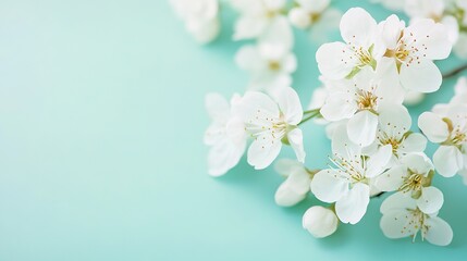 Fototapeta premium Close-up of delicate white cherry blossoms on a soft green background, with space for text or images, is the perfect design for cards, invitations, wallpapers, banners, posters, social media posts.