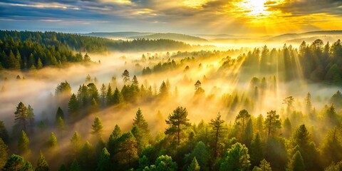 Obraz premium Misty Pine Forest Aerial View: Bokeh Morning Sunlight
