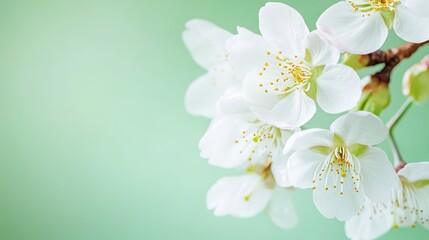 Fototapeta premium Close-up of delicate white cherry blossoms on a soft green background, with space for text or images, is the perfect design for cards, invitations, wallpapers, banners, posters, social media posts.