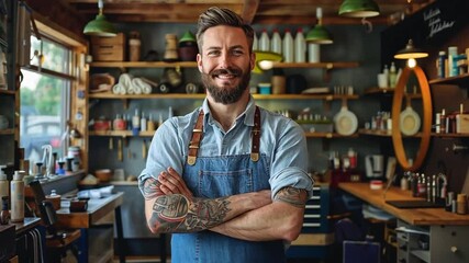 Barber in a trendy barbershop showcasing grooming skills with a client during a stylish haircut and beard trim