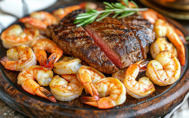 Surf and Turf, Grilled Steak and Shrimp Platter with Rosemary