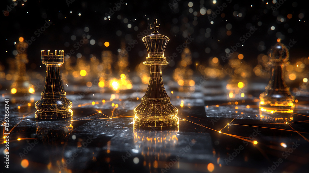 Poster wireframe chess pieces on a dark board, illuminated with golden light, creating a futuristic and str