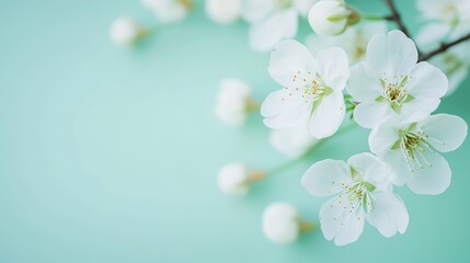 Close-up of delicate white cherry blossoms on a soft green background, with space for text or images, is the perfect design for cards, invitations, wallpapers, banners, posters, social media posts.