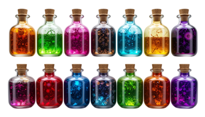 Colorful magic potion bottles with vibrant contents fantasy elixir